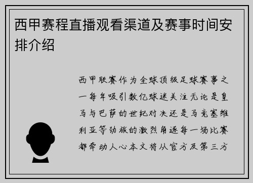 西甲赛程直播观看渠道及赛事时间安排介绍